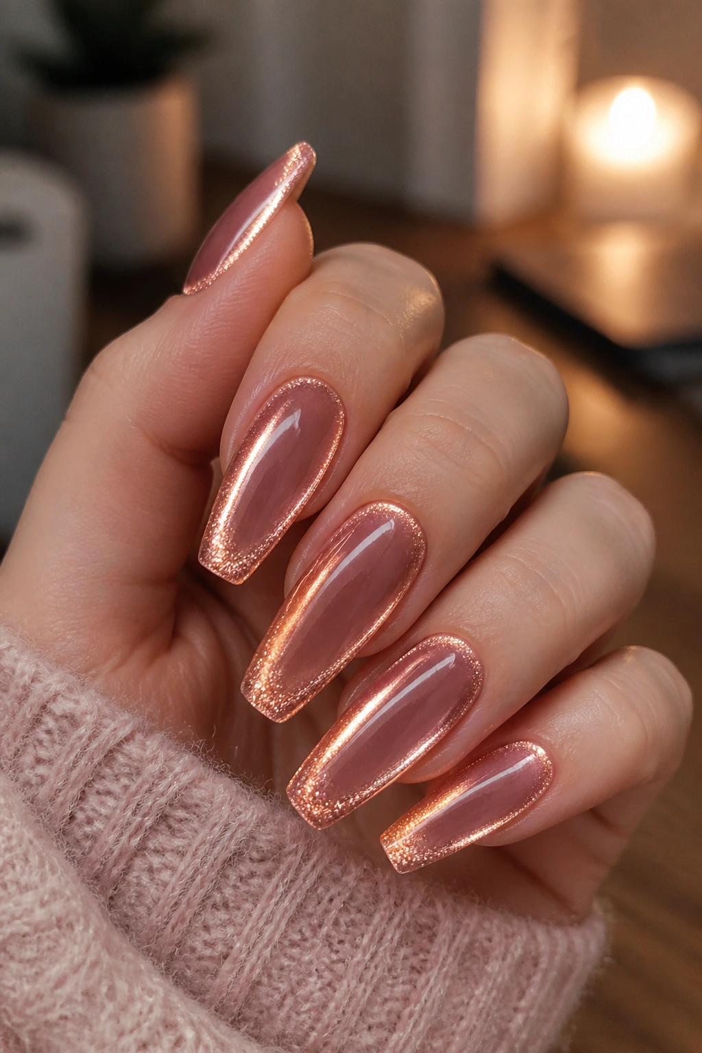 Close-up of real hand with rose gold edge-lit cat eye nails
