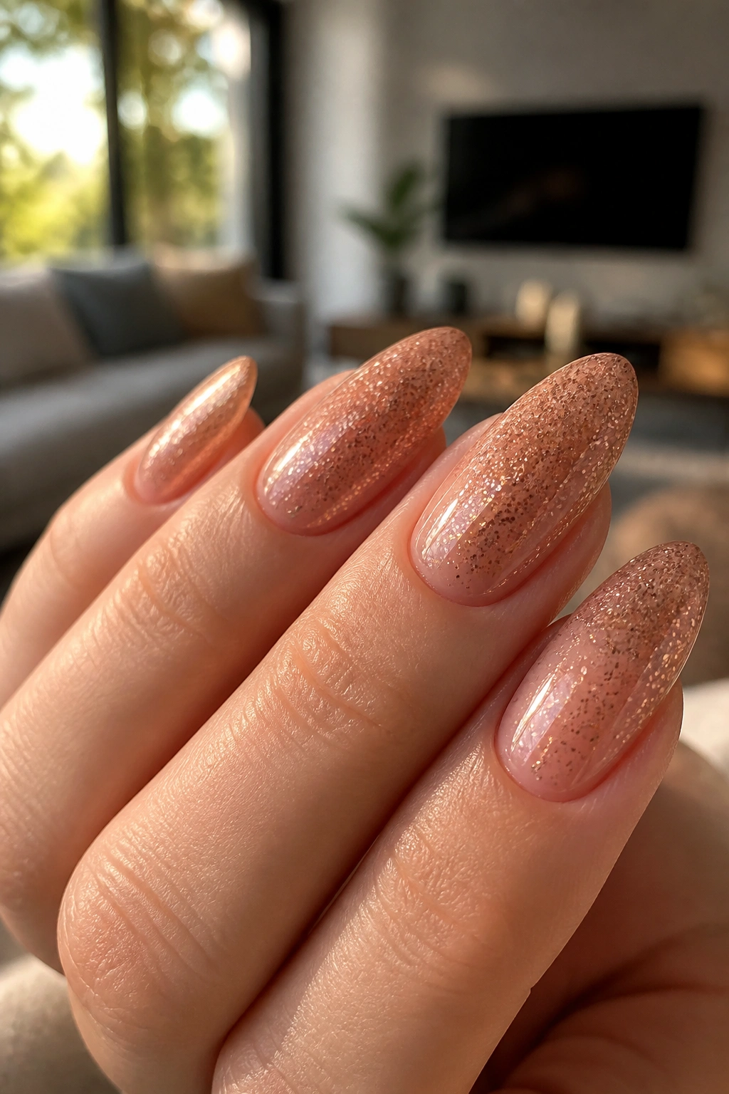 Almond nails with rose gold microglitter on nude base