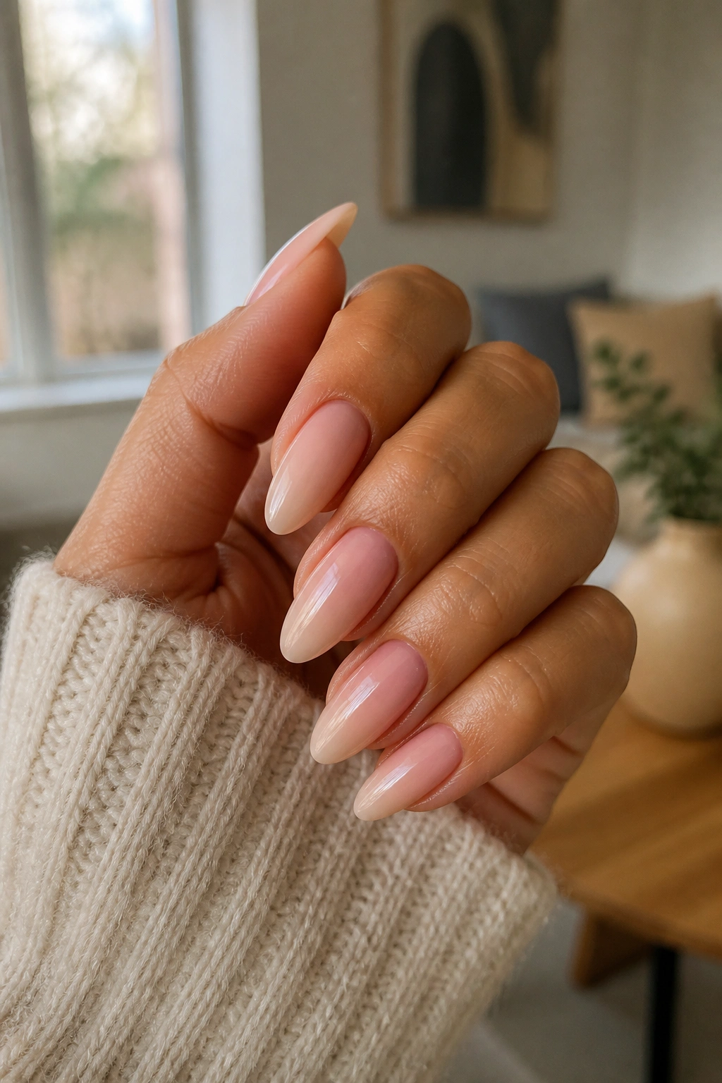 Rose nude ombre almond nails with warm tones on real hand