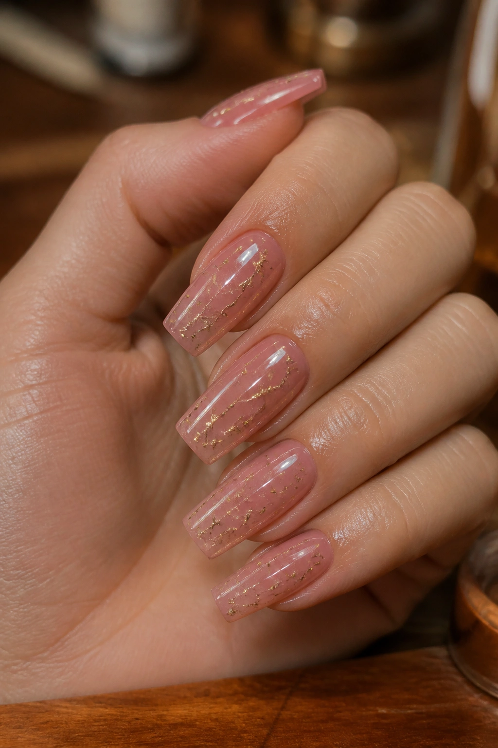 Close-up of rose-pink builder gel coffin nails with gold foil constellation accents on a real hand