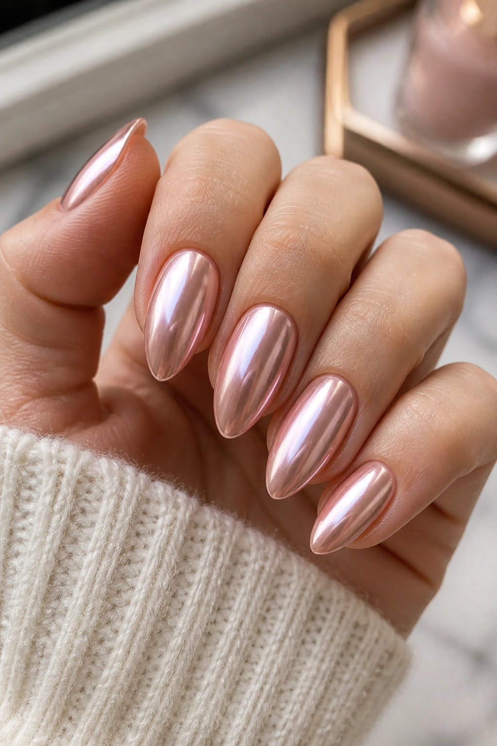 Close-up of an almond nail with rose quartz chrome over pink base