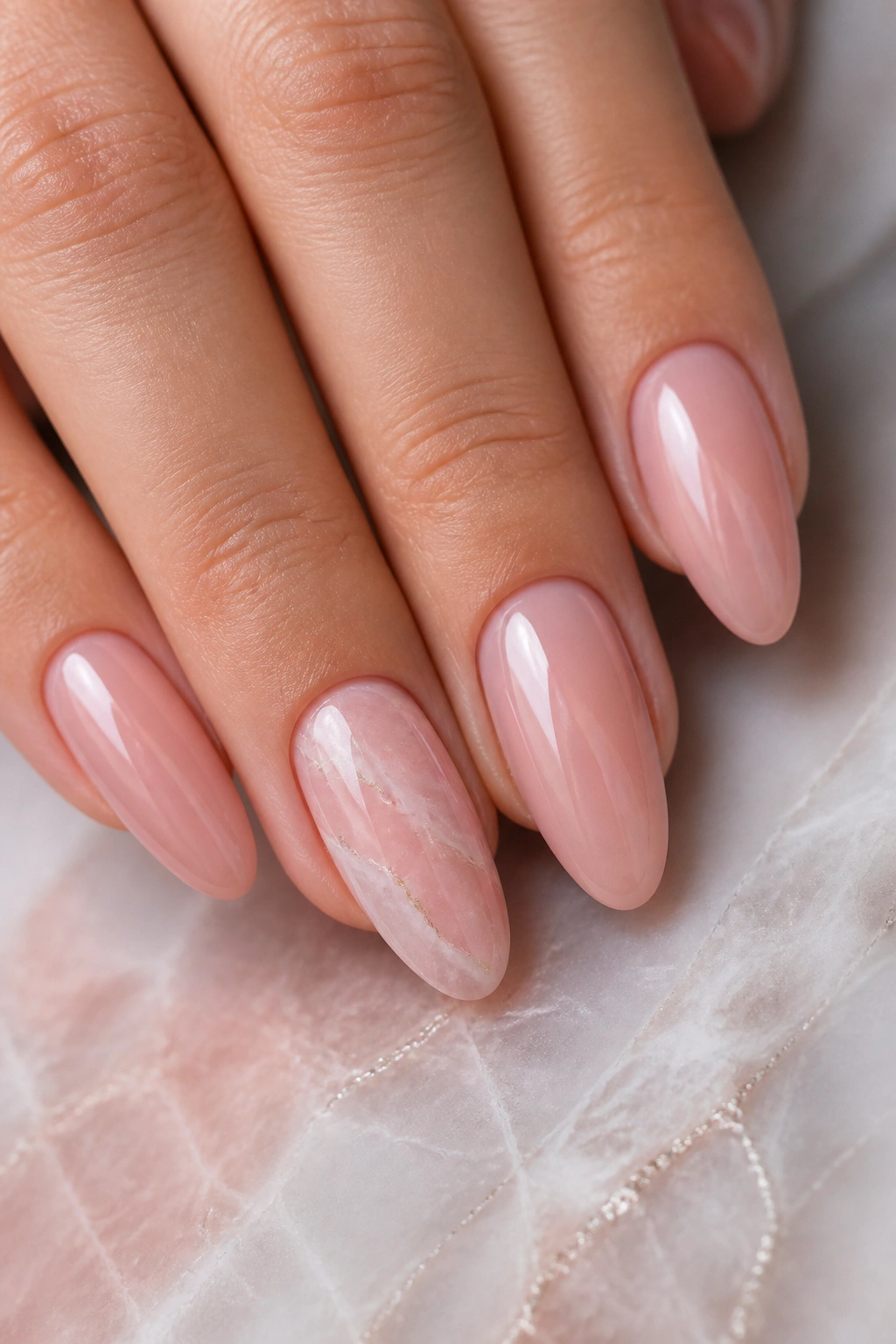 Almond nails with rose quartz marble design on a real hand