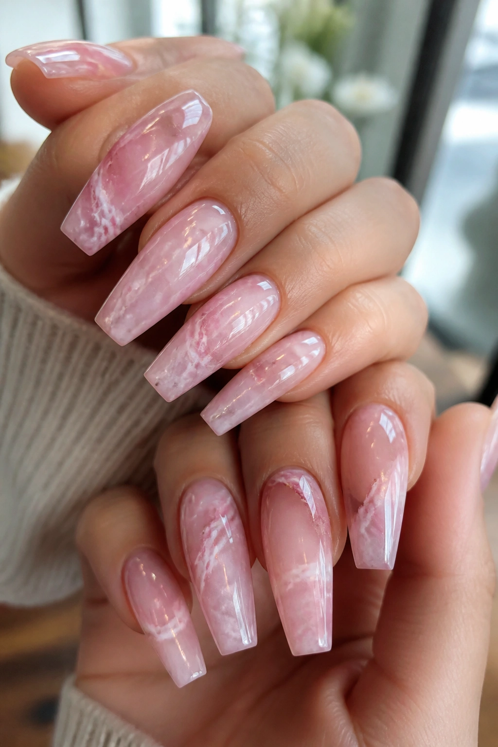 Rose quartz pink marble coffin nails with gloss on real hands