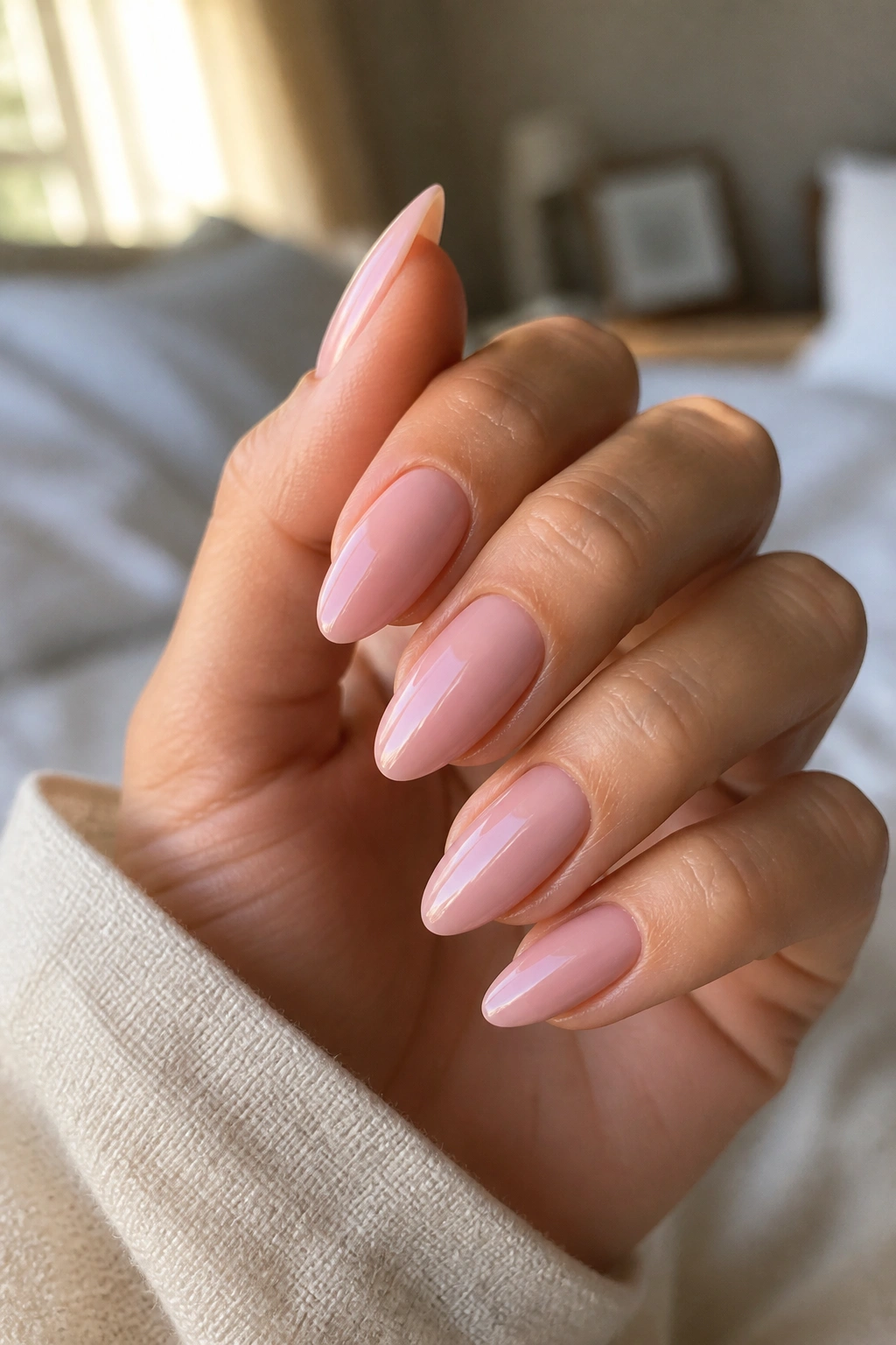 Close-up of a real hand with soft rose quartz nude almond nails, glossy finish