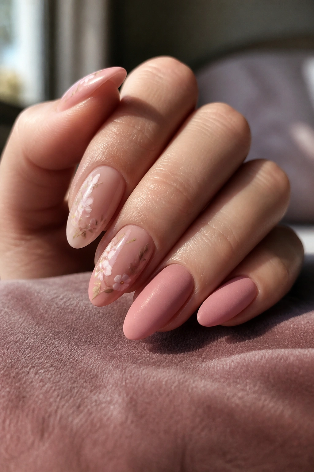 Rose quartz almond nails with floral accents and matte tips