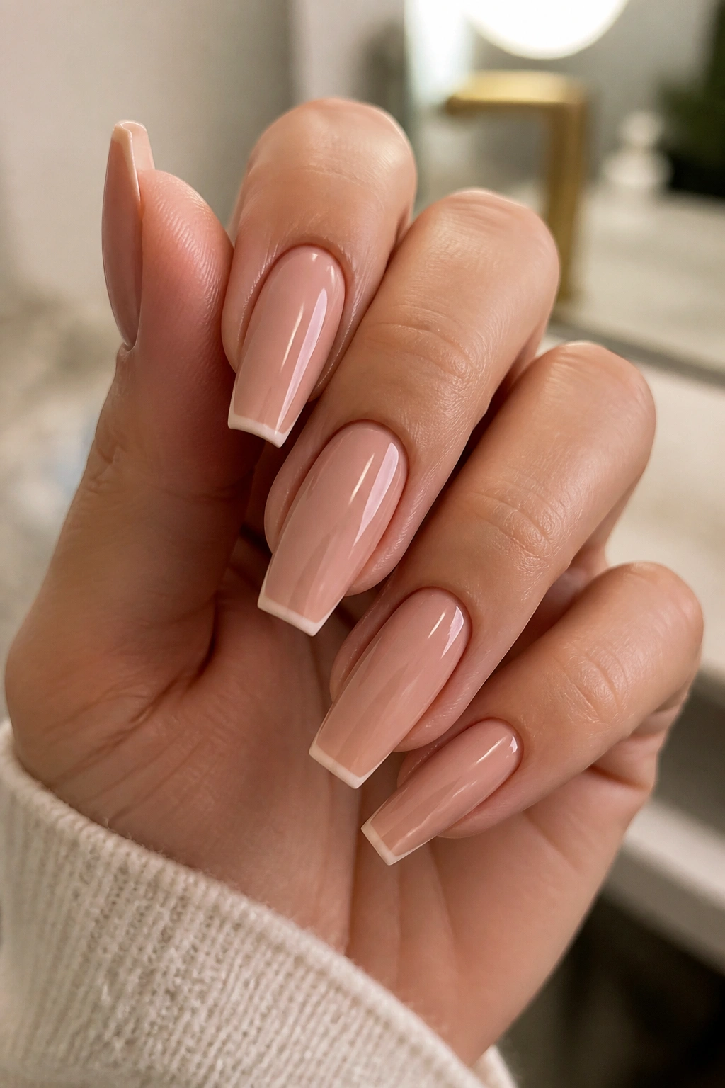 Close-up of rosy beige coffin nails with a micro French edge on a real hand