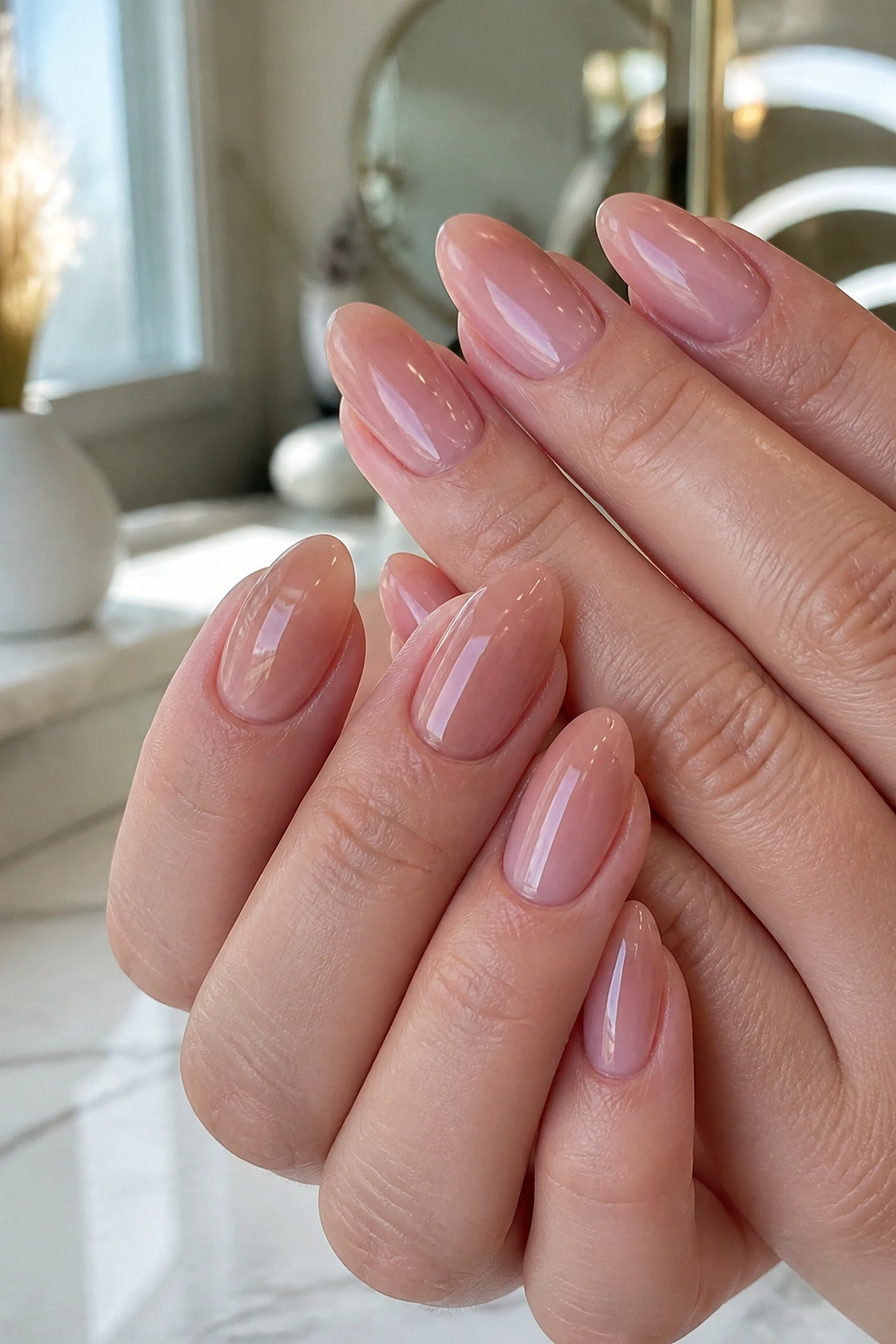 Close-up of rosy glassy nails on almond nails