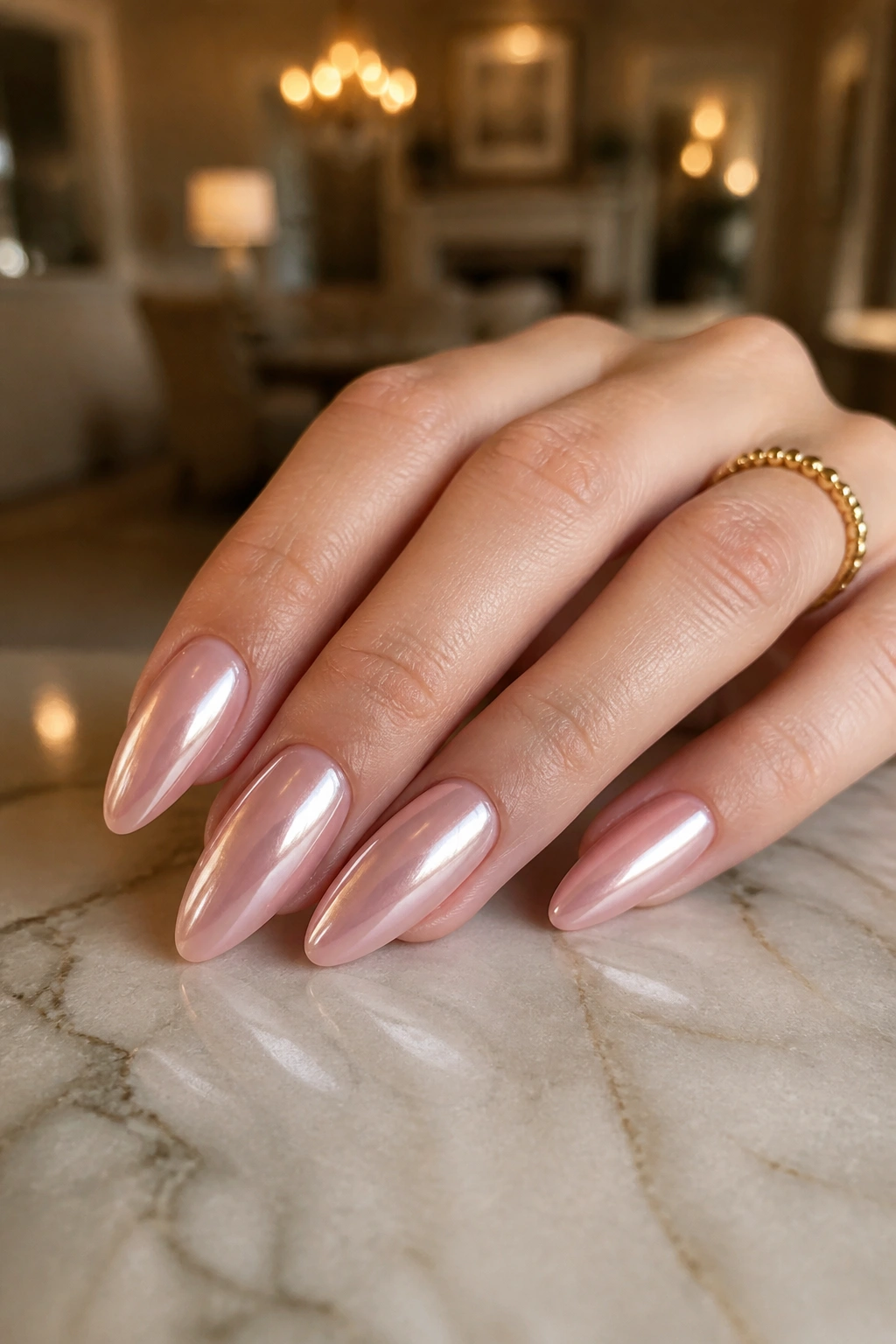 Close-up of almond nails in rosy pearl nude chrome on a real hand