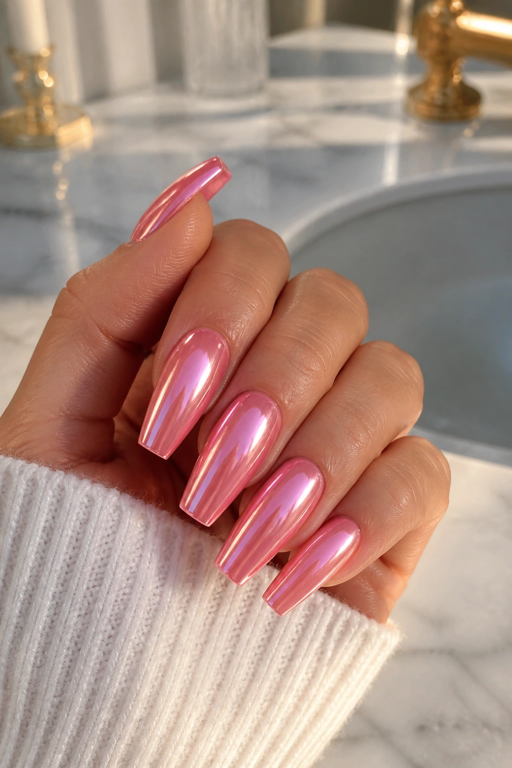 Close-up of rosy pink chrome coffin nails on a hand under warm light