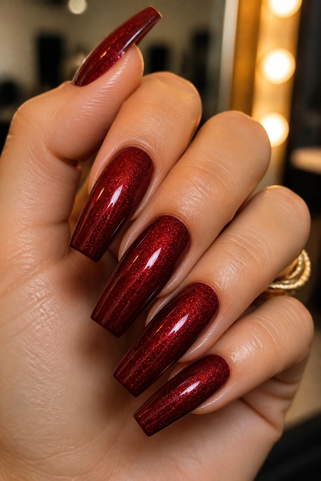 Close-up of hand with ruby shimmer coffin nails