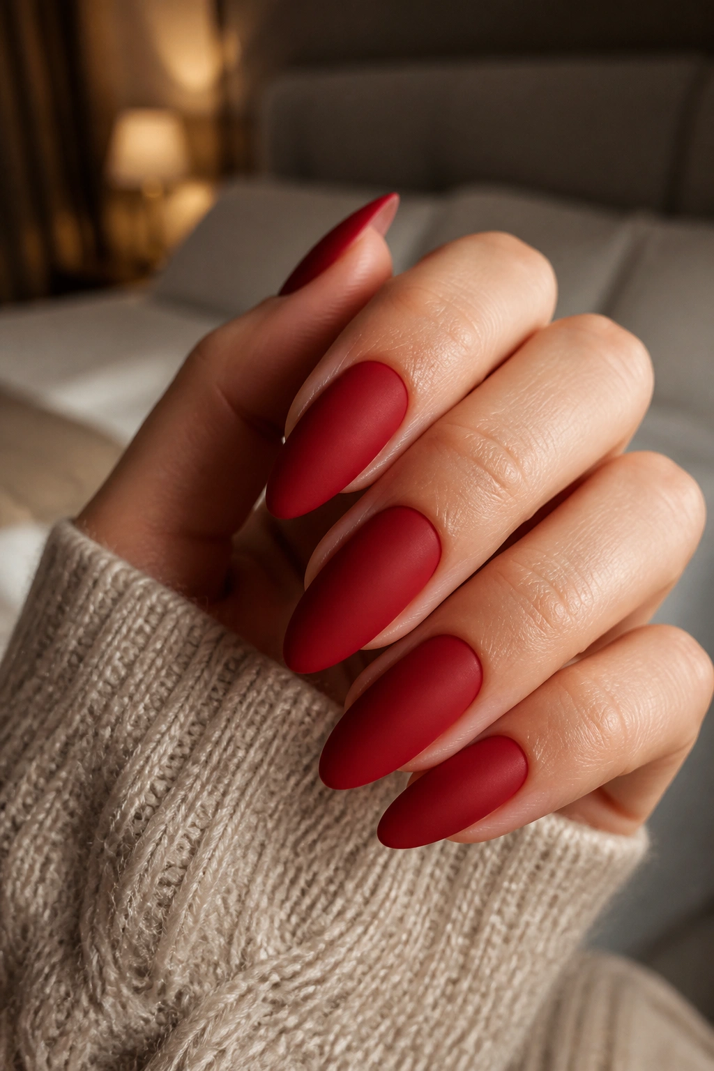 Close-up of ruby red velvet almond nails on a real hand with satin finish.