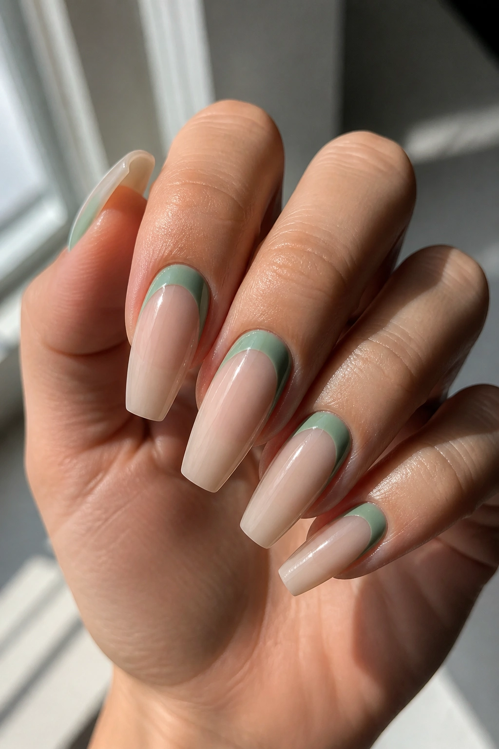 Close-up of nails with nude base and sage arc half-moons
