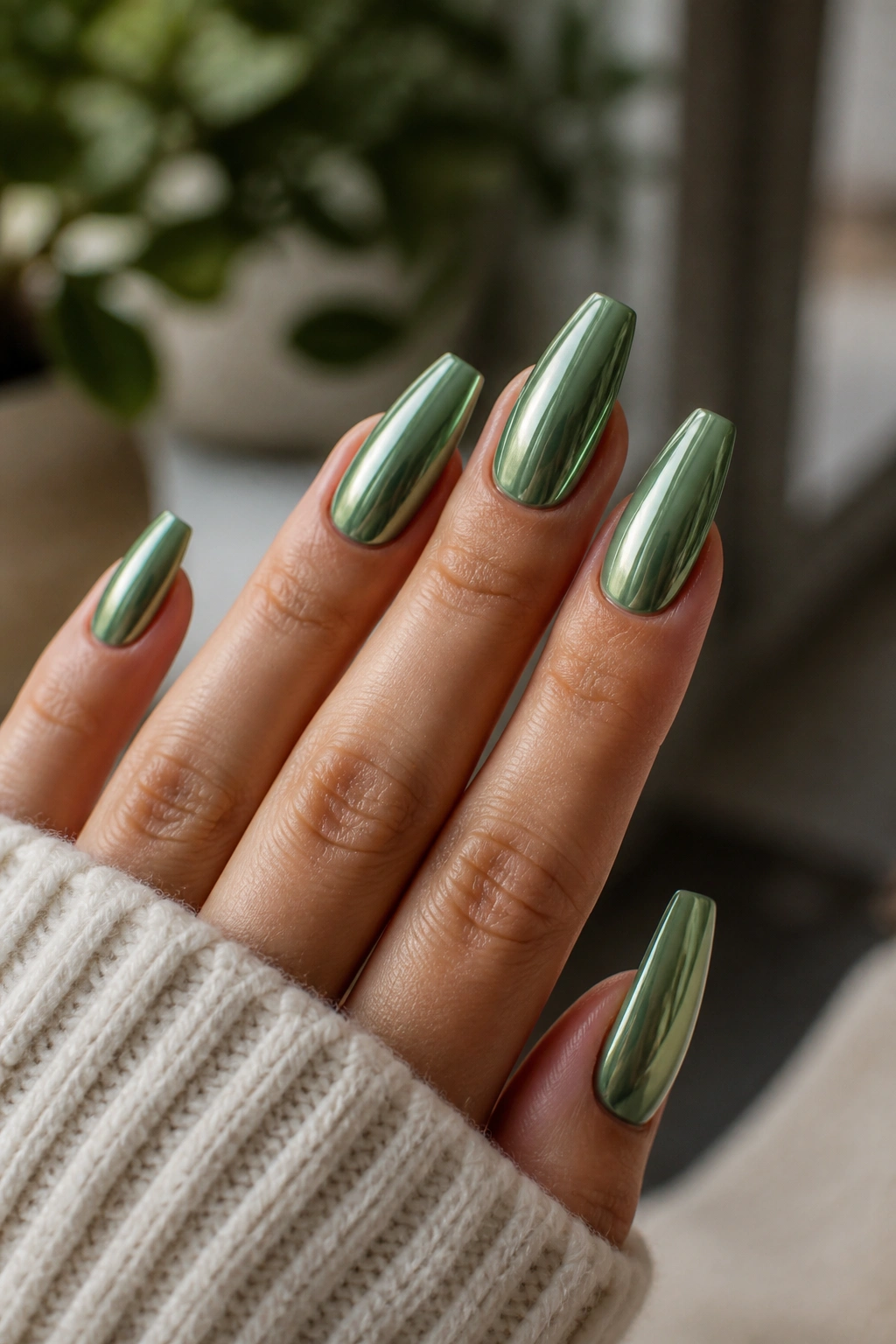 Close-up of hands with sage green chrome coffin nails and mirror shine