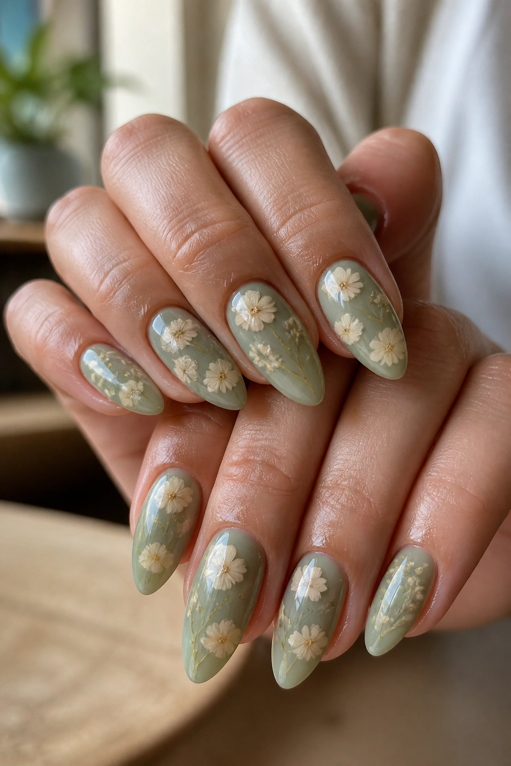 Close-up of almond nails with sage-green base and cream pressed flowers under a glossy top coat
