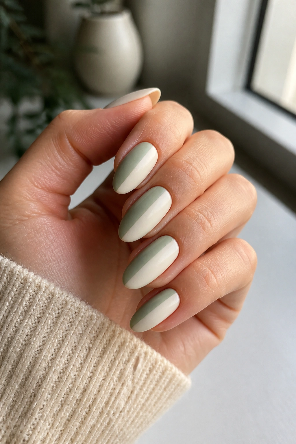 Close-up of sage and cream split-finish almond nails on a real hand