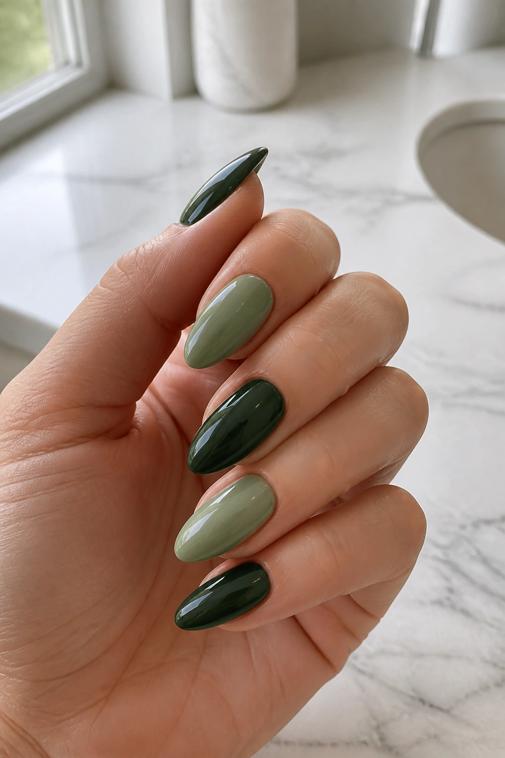 Close-up of two-tone sage and dark green almond nails on a real hand