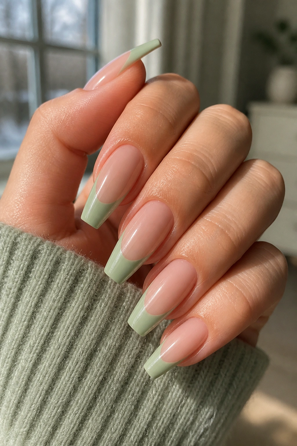 Close-up of hands with Sage Green French Tips on a Nude Coffin Base nails