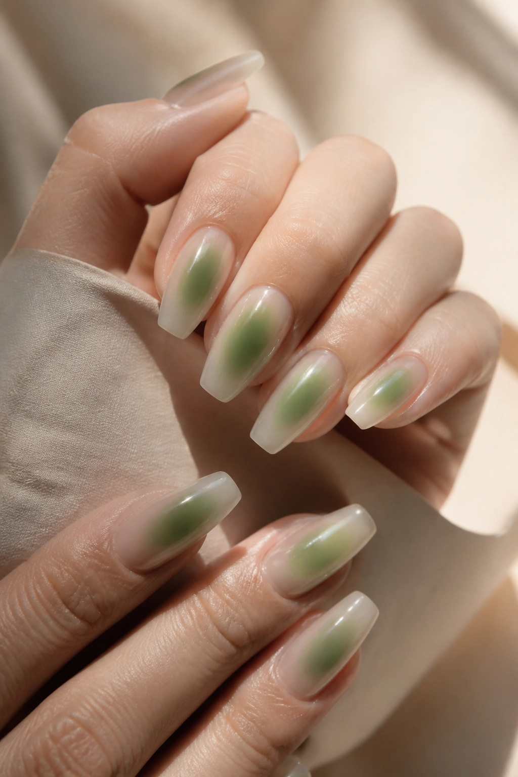Close-up of medium coffin nails with sage green aura featuring a diffused center glow on real hands