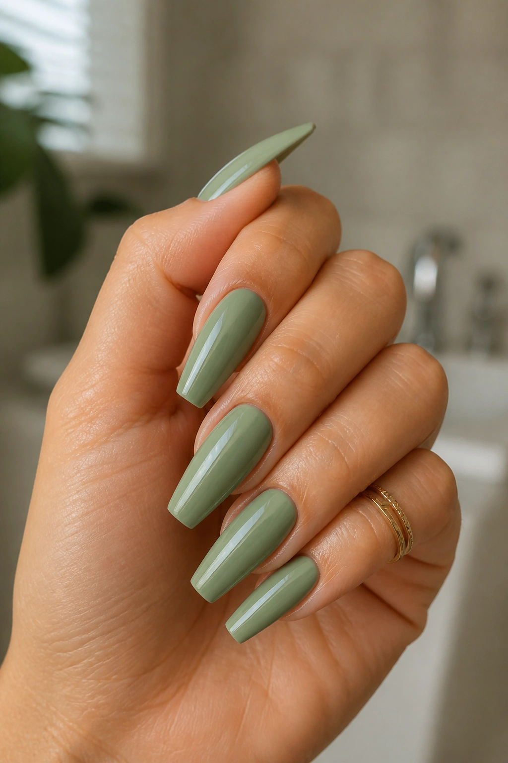 Close-up of sage green coffin nails on a real hand with soft bathroom background