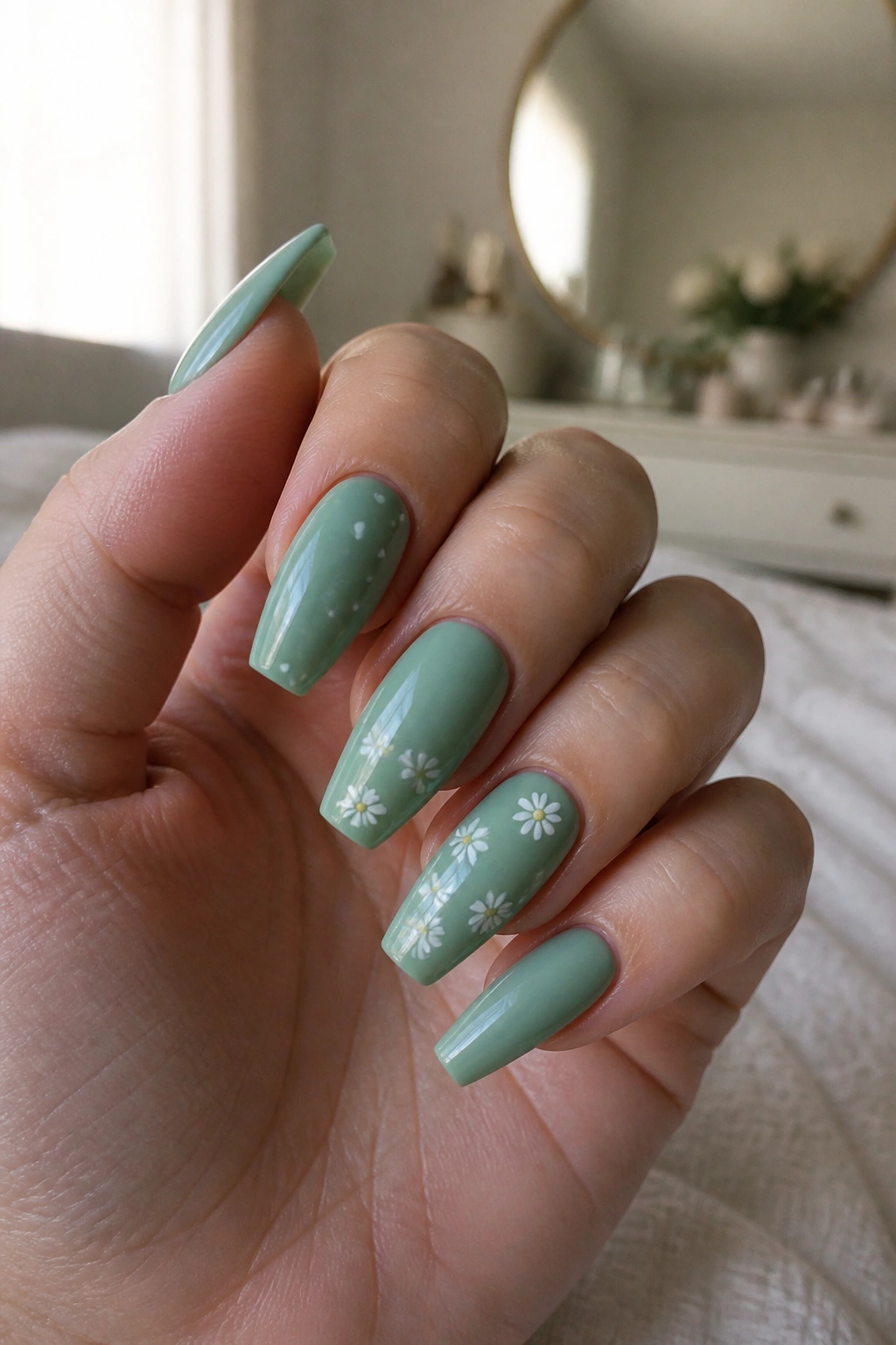 Close-up of sage green coffin nails with tiny white dots and a small daisy accent