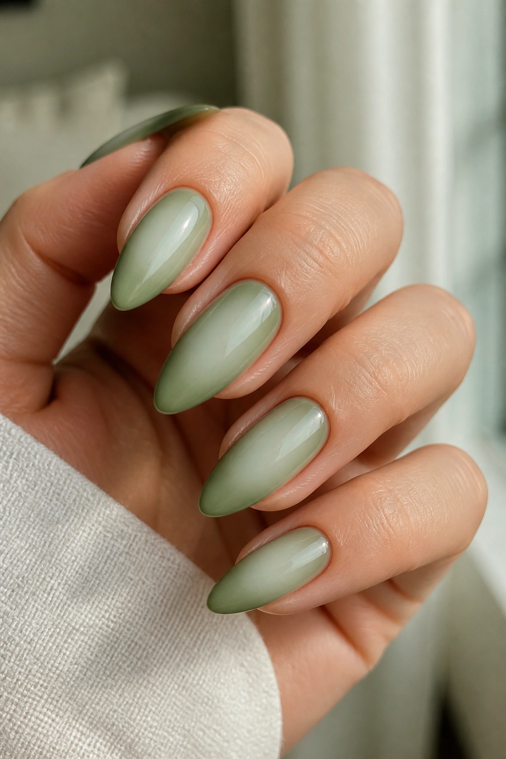 Close-up of sage green aura nails with soft center glow on almond nails
