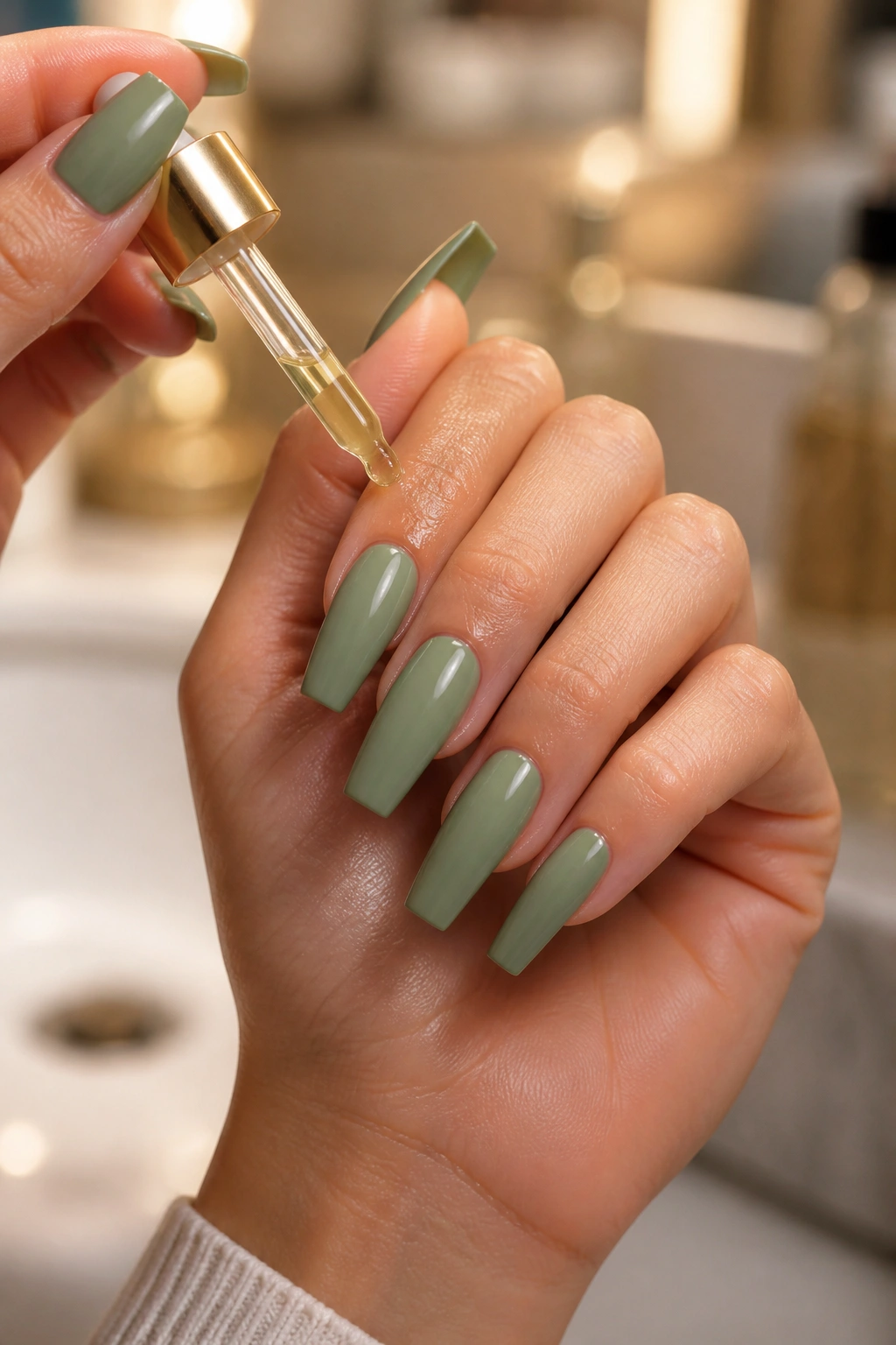 Hand applying cuticle oil to sage green coffin nails to extend wear.