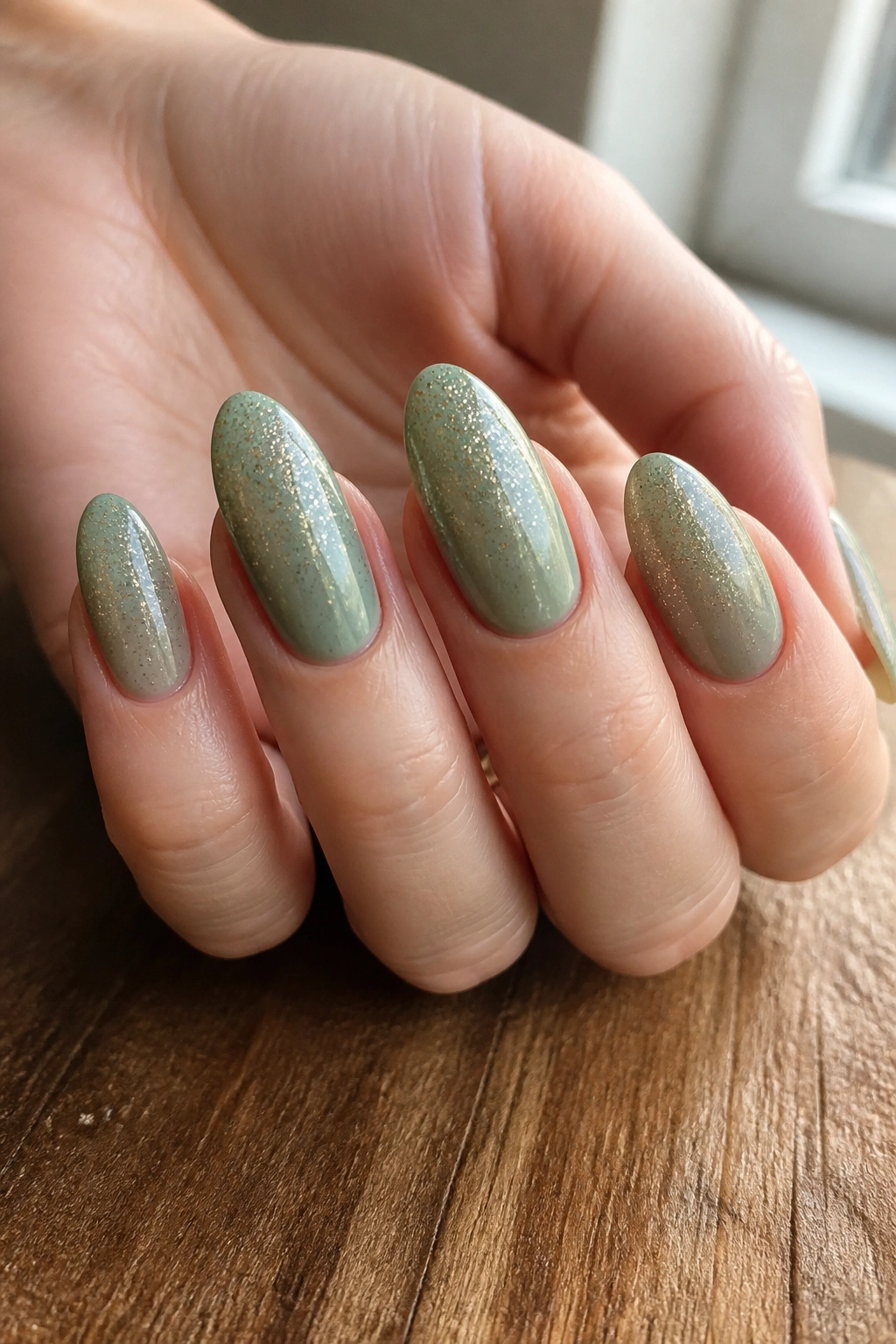 Close-up of almond sage green nails with a subtle glitter fade at tips on a real hand