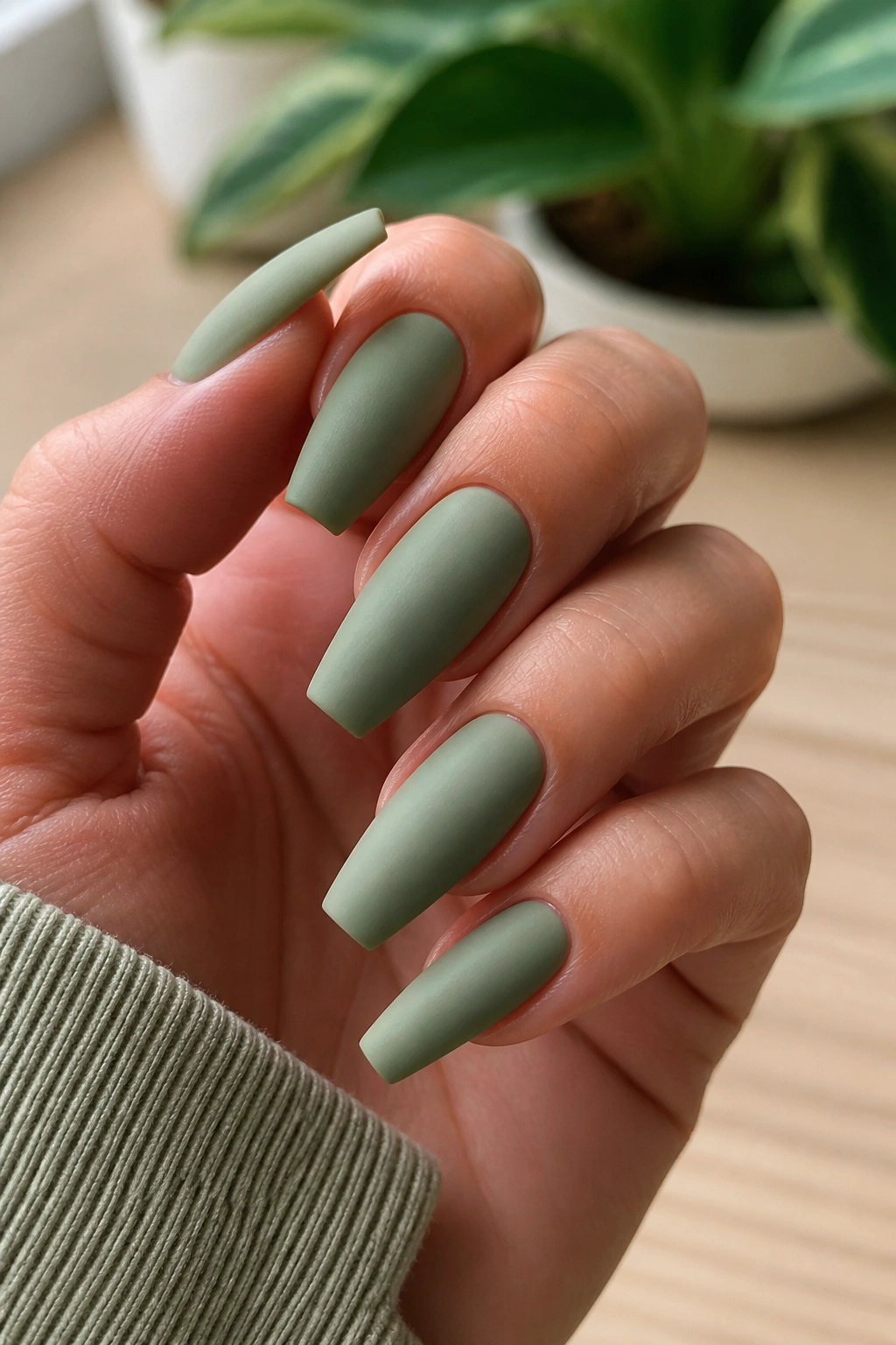 Close-up of sage green matte coffin nails on a hand