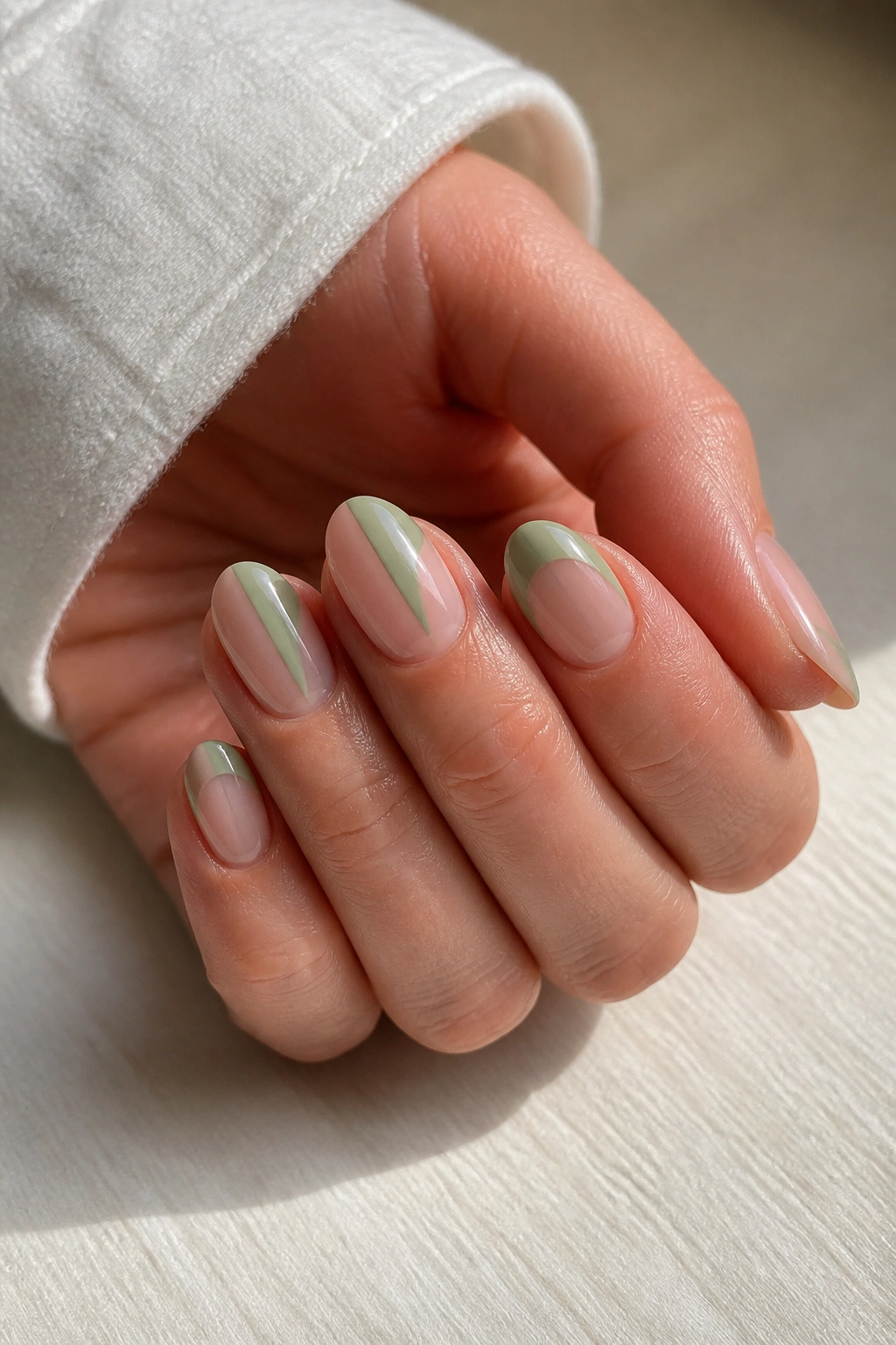 Close-up of short almond sage green nails with negative-space design on a real hand