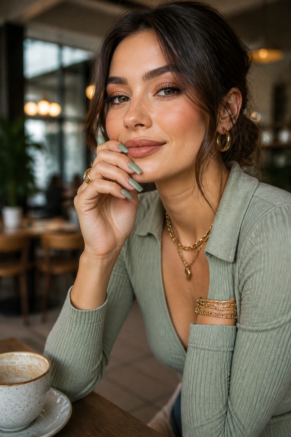 Real person with sage green nails paired with chic outfit and jewelry in a stylish setting.