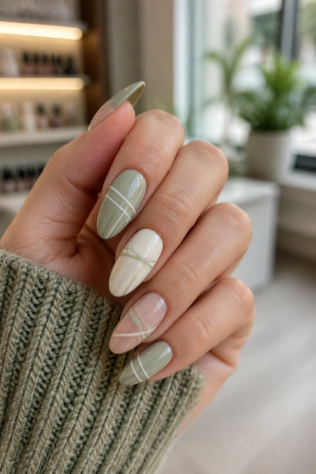 Close-up of almond nails with delicate plaid/ribbon-line art on sage green base