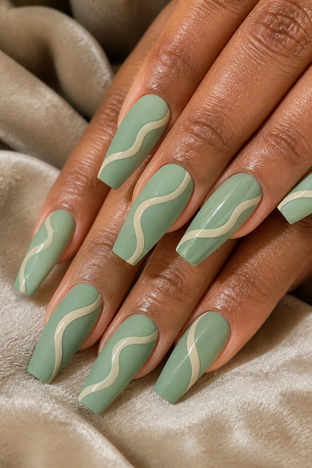 Close-up of real hands with sage green and cream ribbon swirl coffin nails