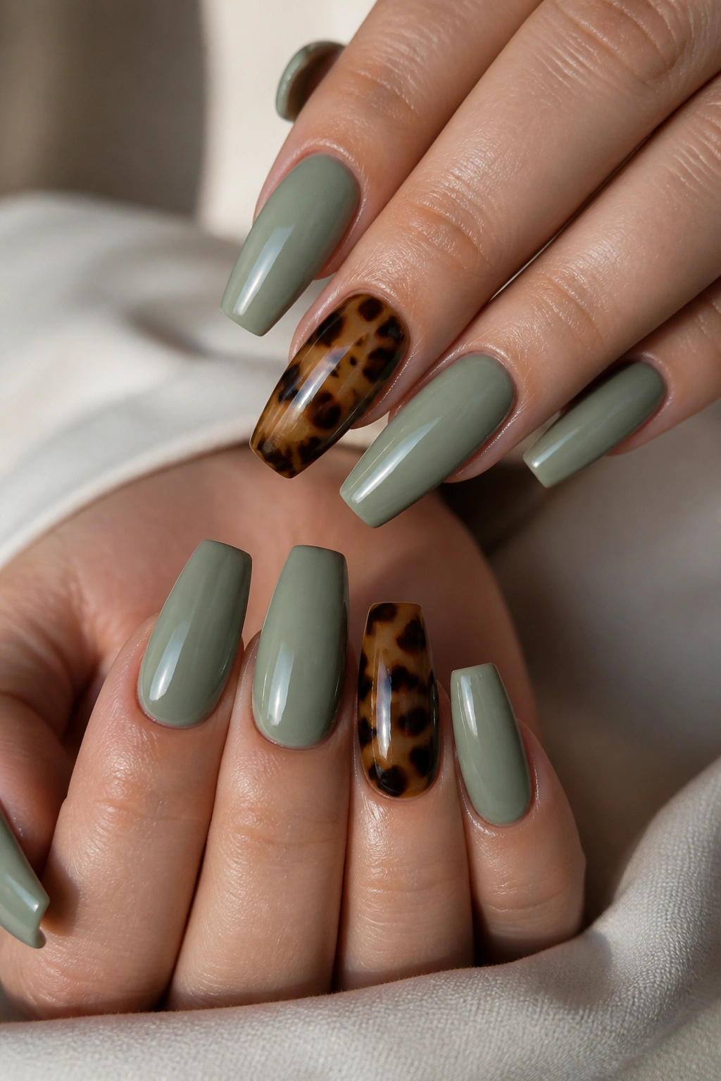 Close-up of hand with mix of sage green and tortoiseshell coffin nails
