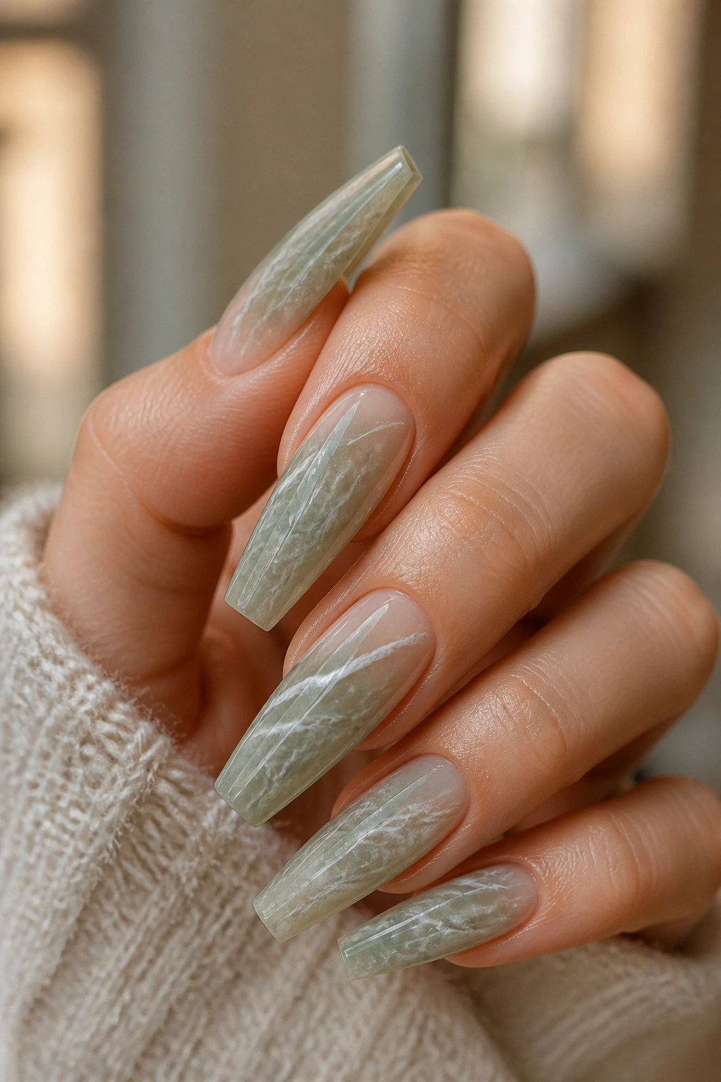Close-up of hands with sage marble coffin nails showing white veining