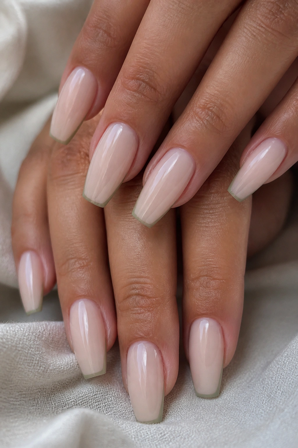 Nails with soft sage micro tips on milky nude base.