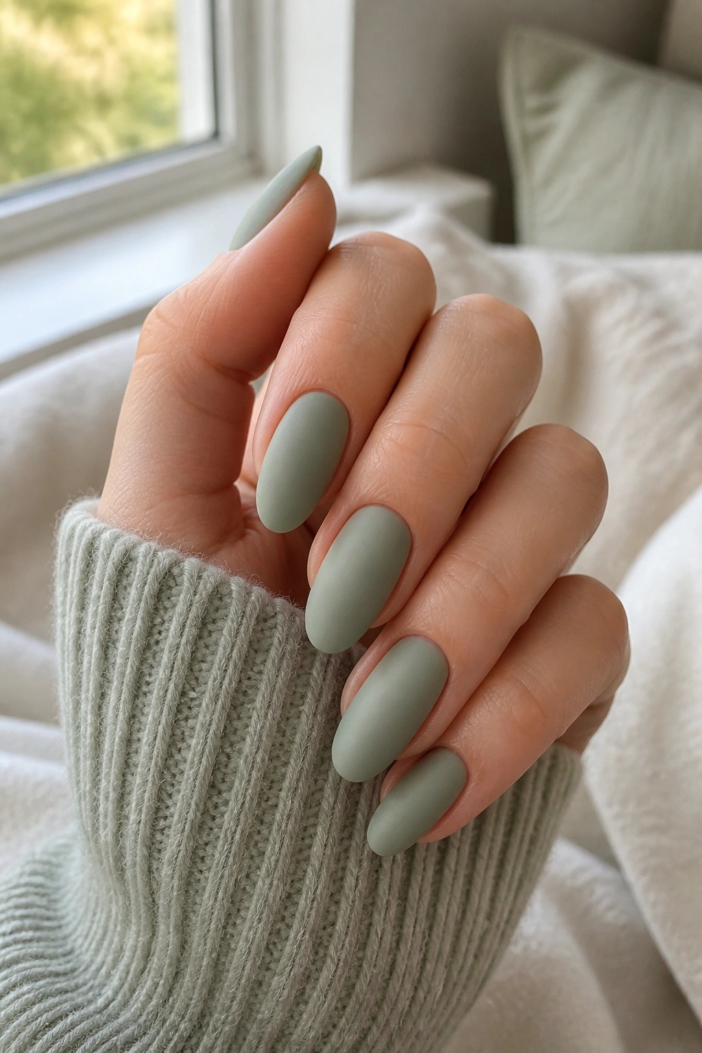 Close-up of sage matte almond nails on a real hand