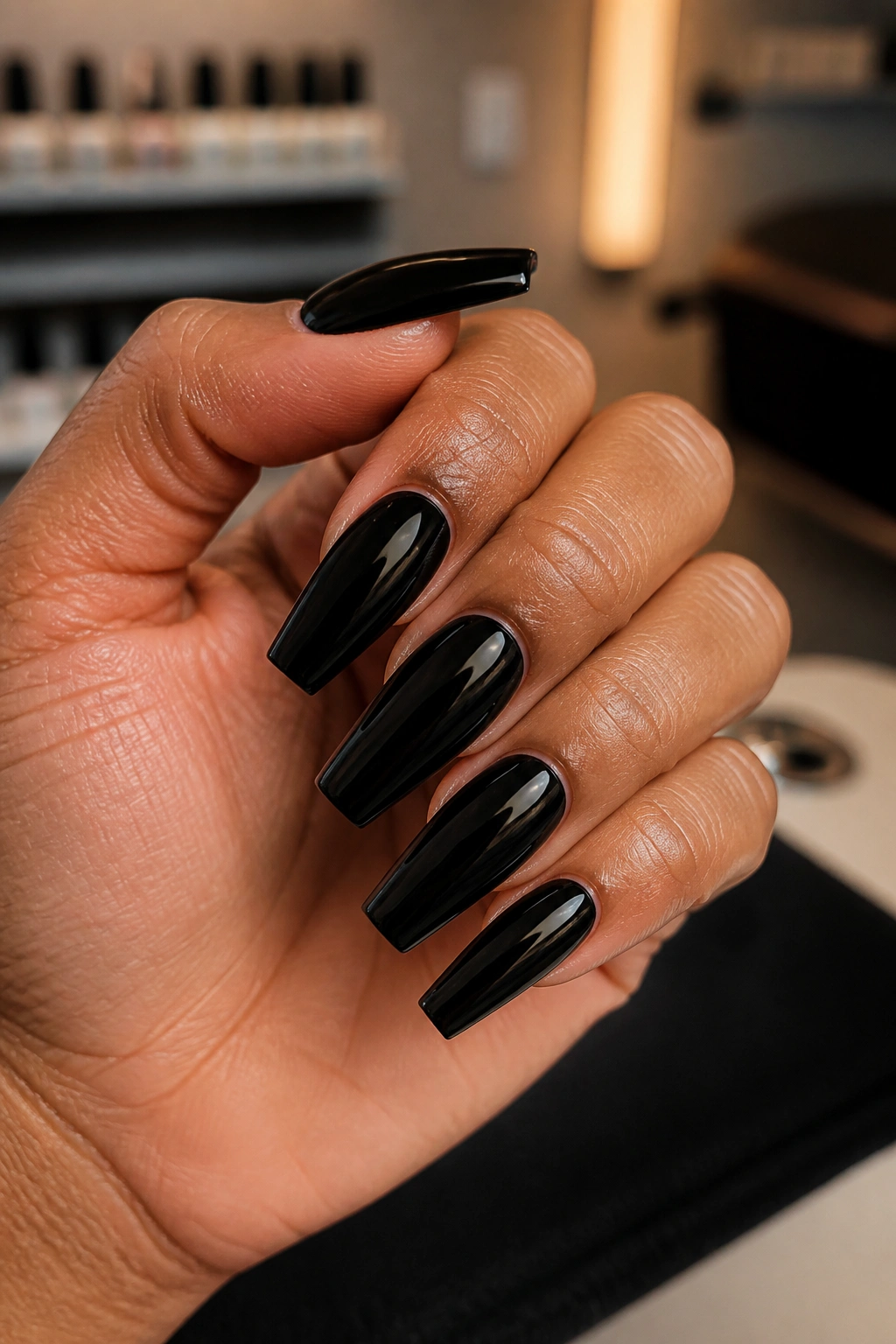 Real hand with coffin nails in rich black polish in a salon-like setting