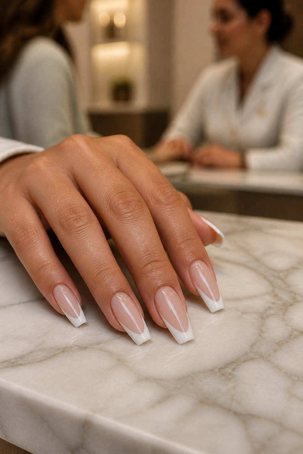 Close-up of coffin nails with a crisp French tip in a salon setting