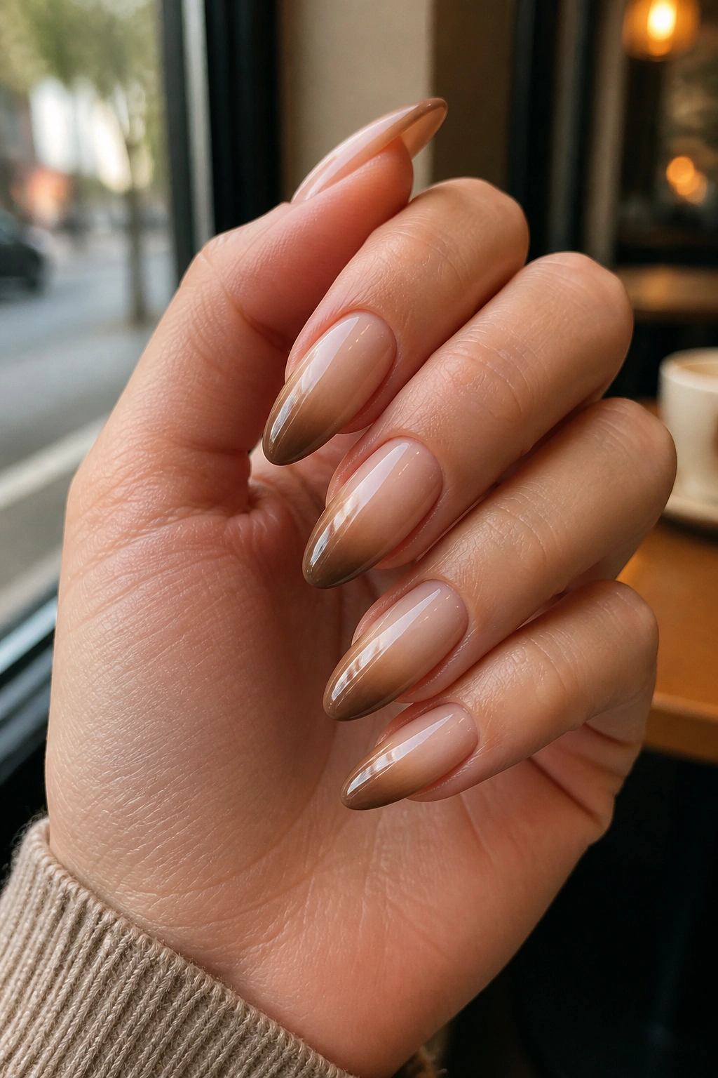 Close-up of long almond nails in sand-to-mocha nude ombre on a real hand