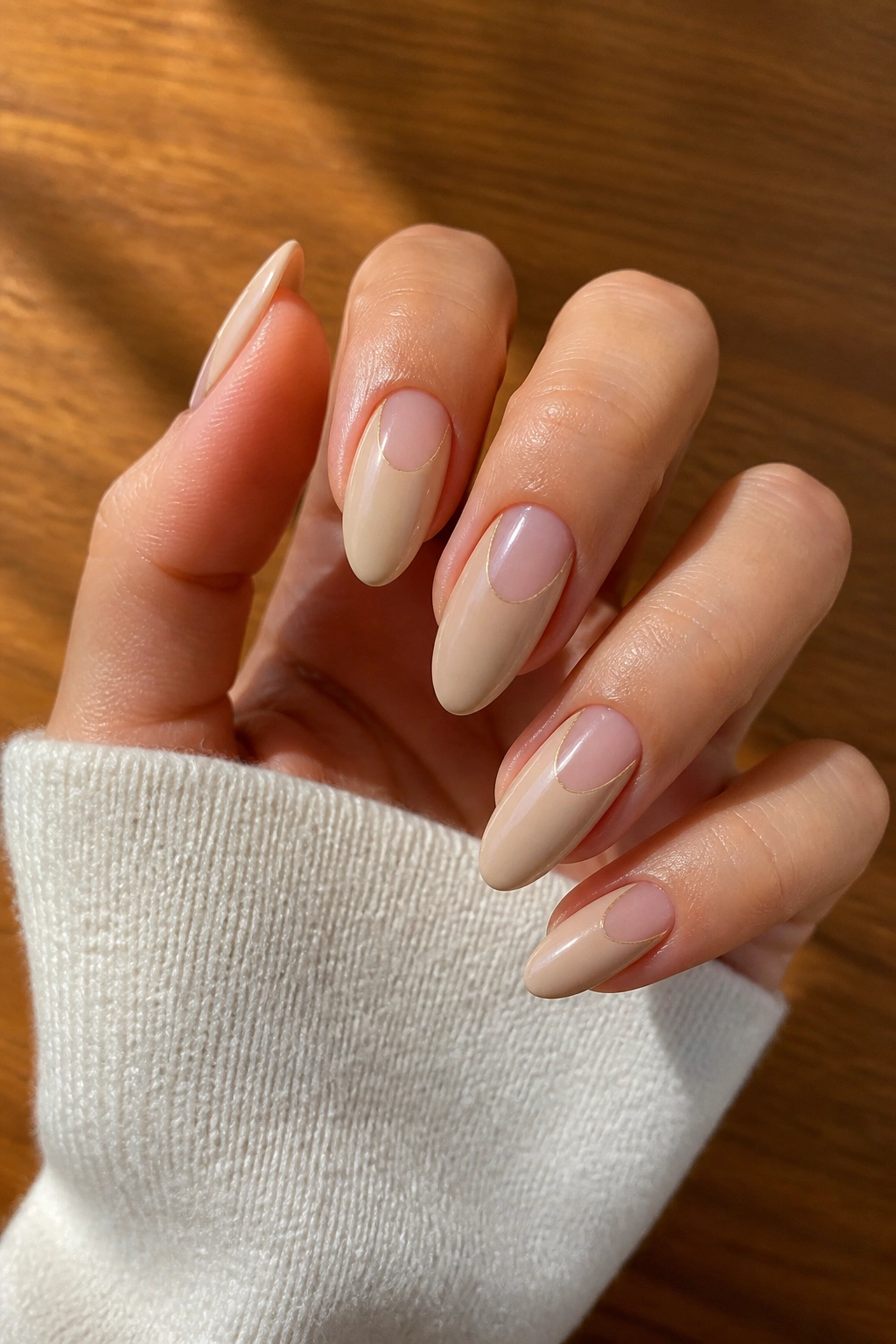 Close-up of a real hand showing sandstone negative-space almond nails with slim beige windows