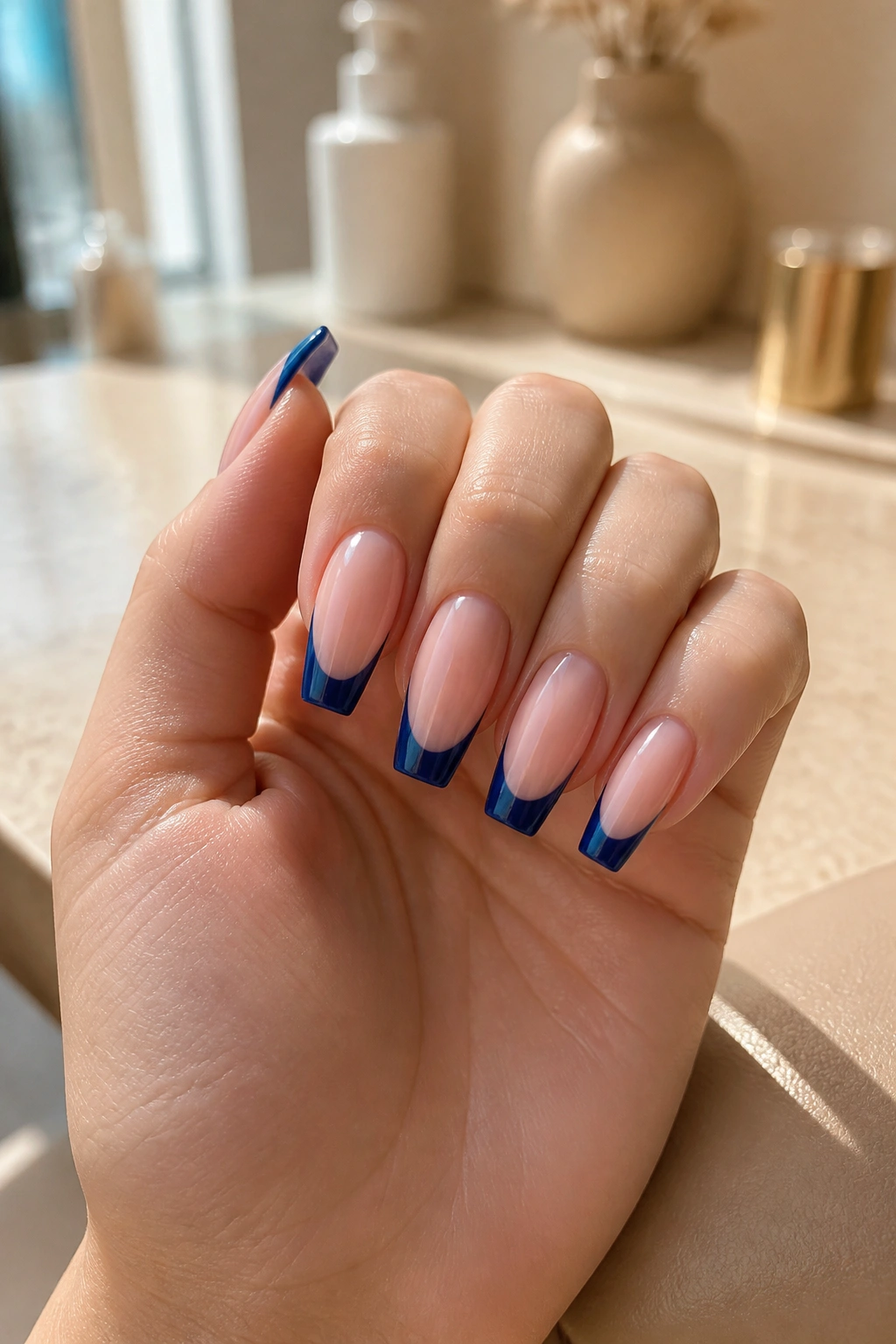 Close-up of sapphire French tips on nude coffin nails on a real hand