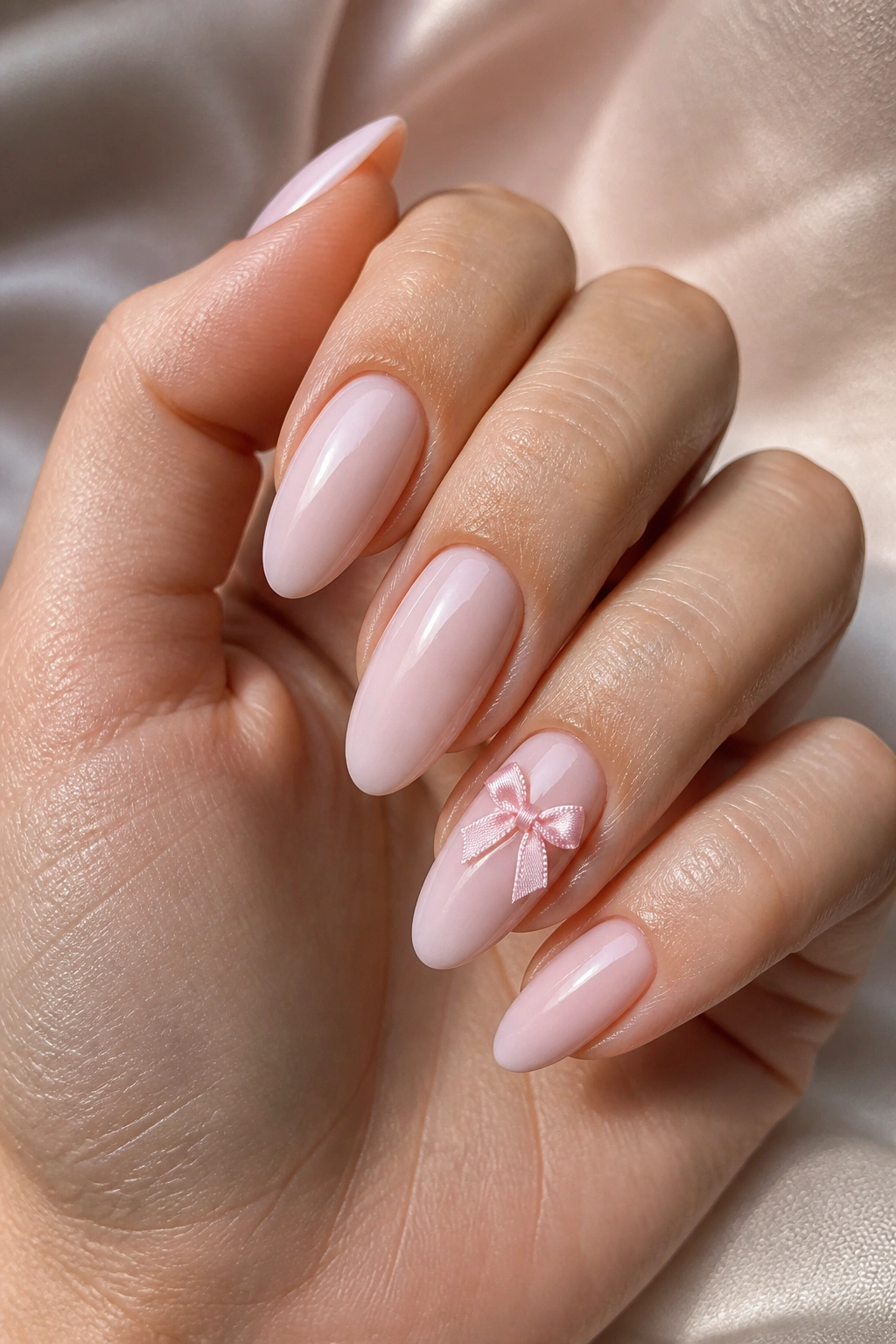 Close-up of almond nails with pale pink polish and a single satin bow accent on one nail