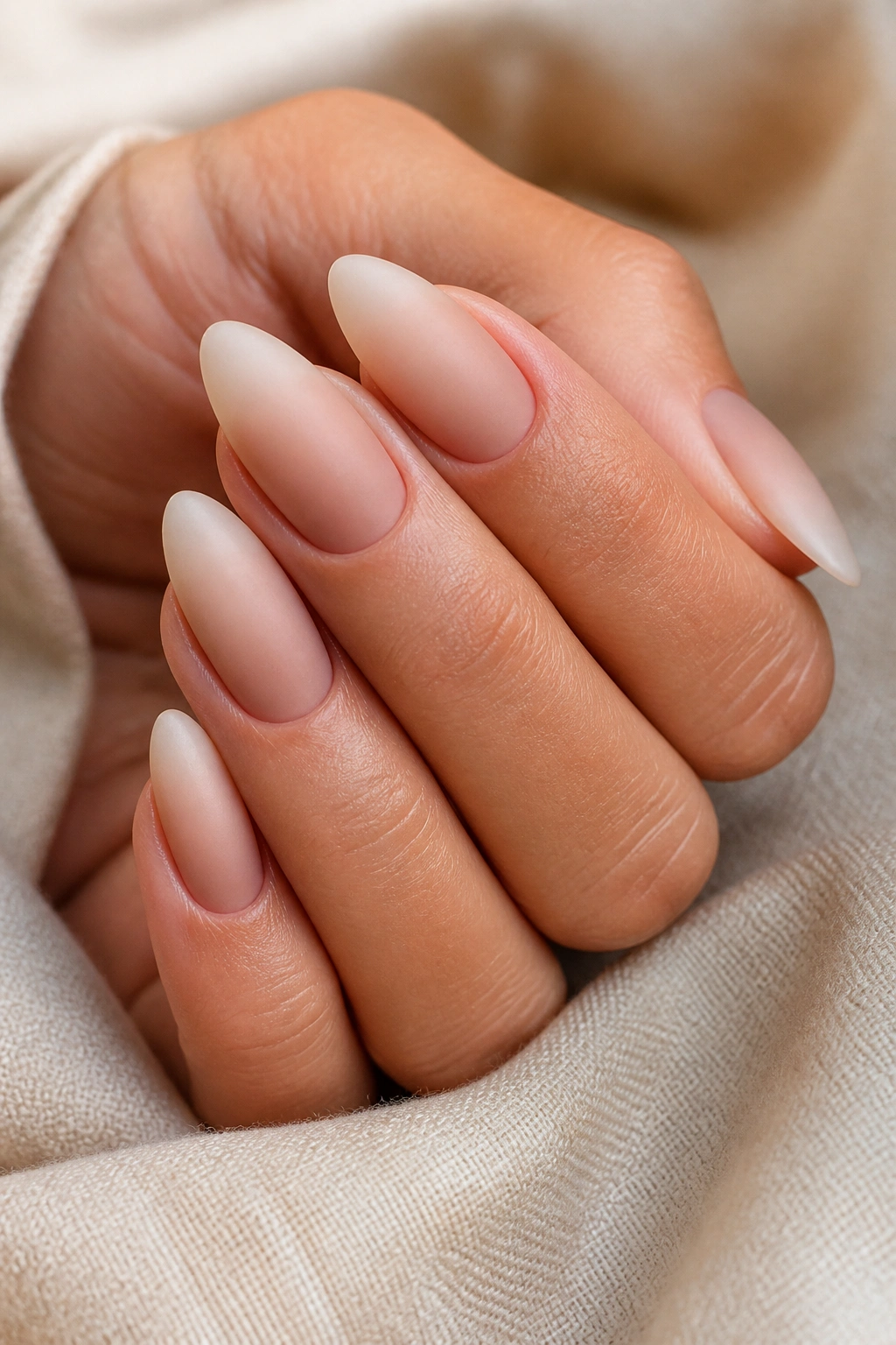 Close-up of satin nude ombre almond nails on a real hand