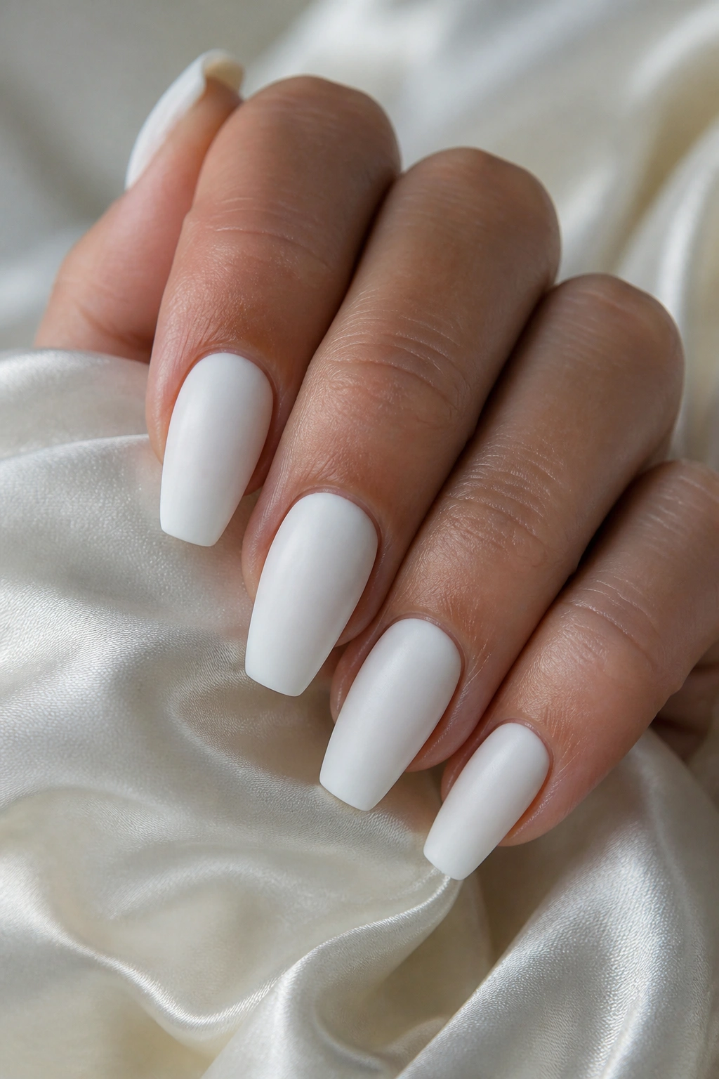 Close-up of satin white coffin nails on a real hand with no nail art