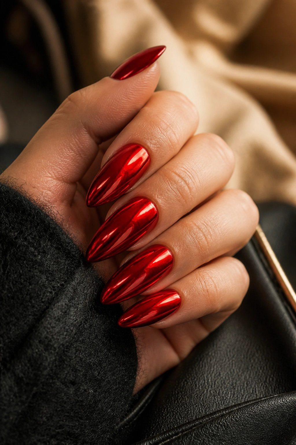 Scarlet chrome almond nails on a real hand