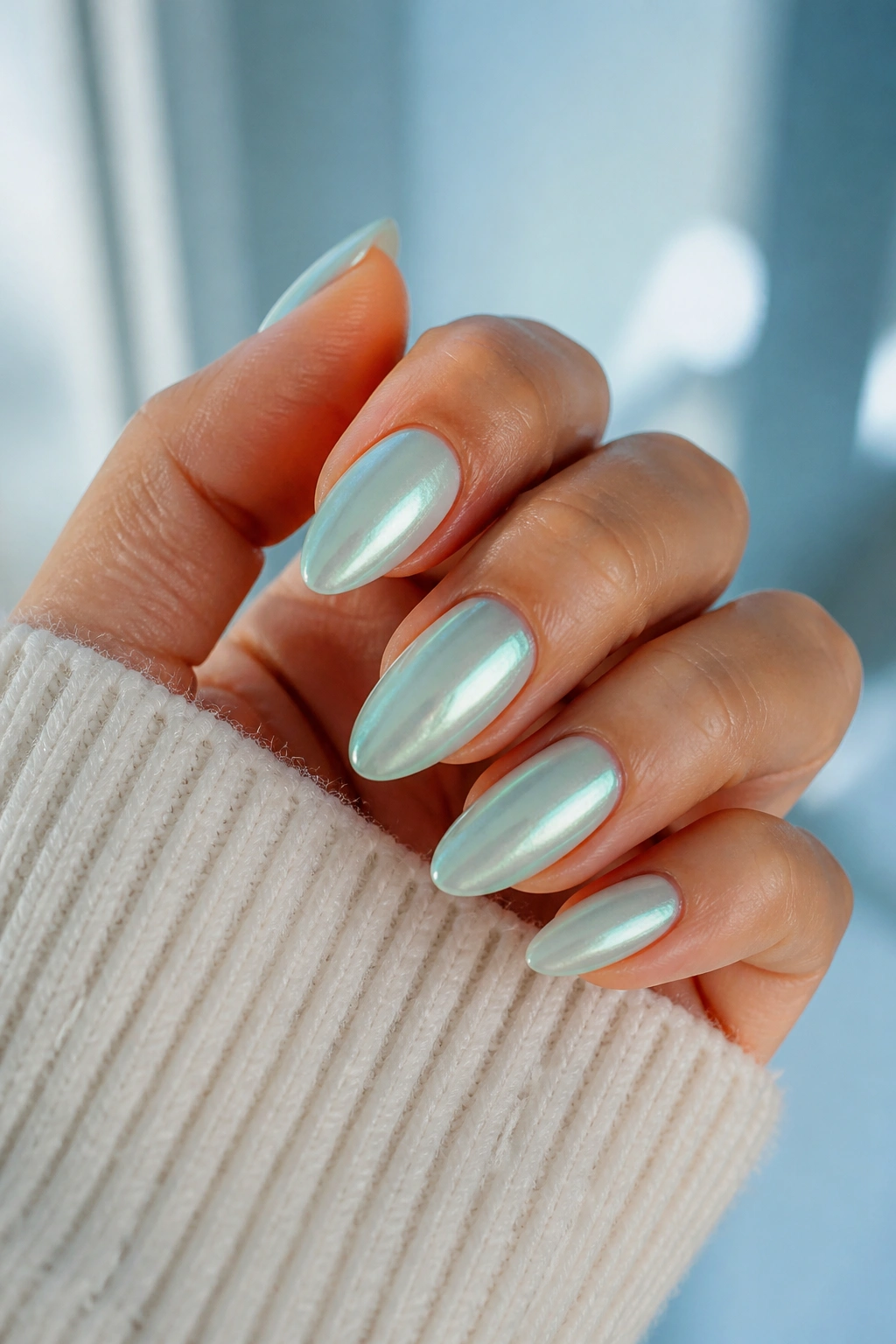 Close-up of seafoam almond nails with pearl shine on a real hand.