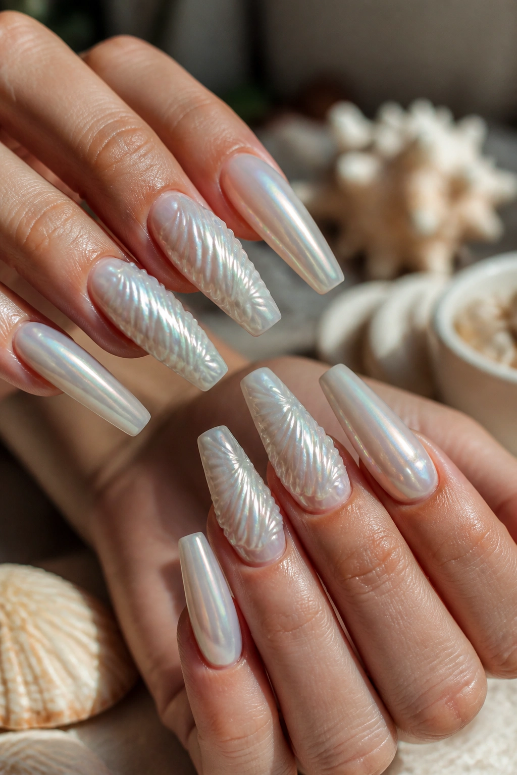 Close-up of seashell 3D pearl coffin nails with lifted ridges and iridescent glaze.