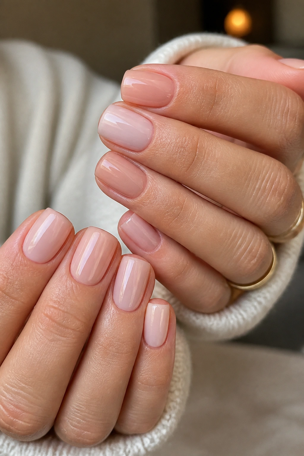 Short coffin nails painted with sheer milky pink/beige base to slim look.