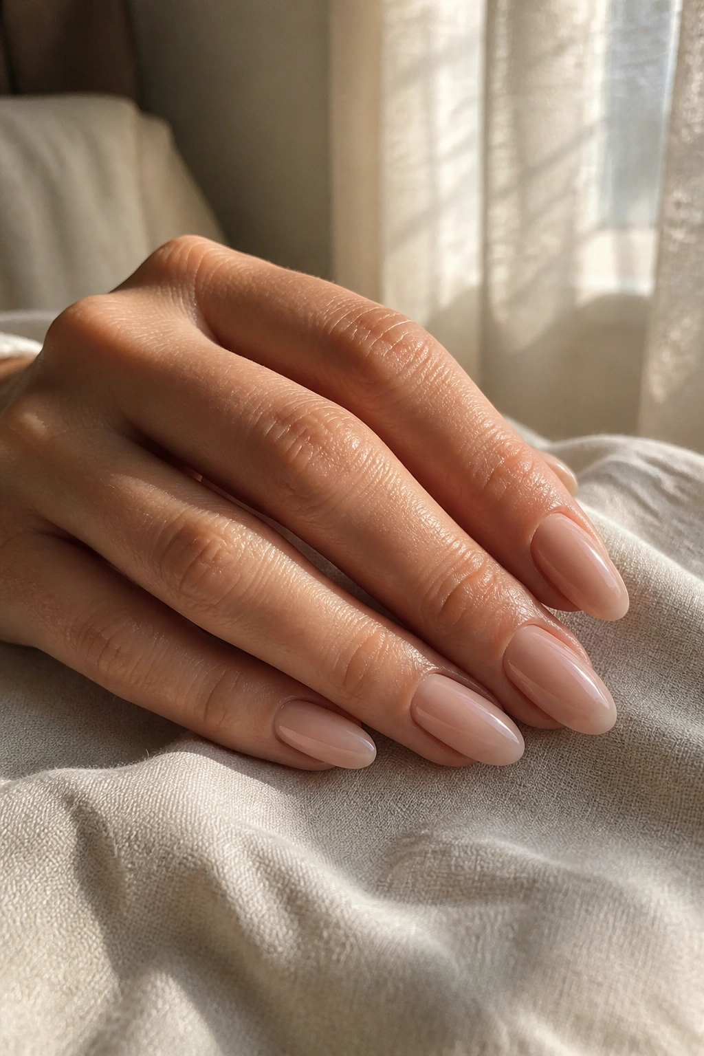 Close-up of a real hand with almond-shaped nails wearing sheer beige nude polish showing natural nail through the transparency