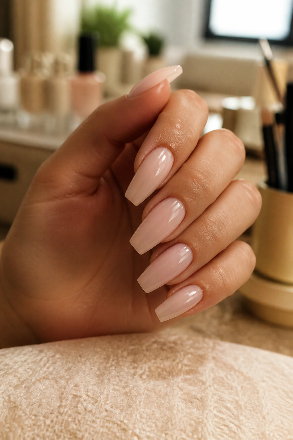 Close-up of sheer beige nude coffin nails on a real hand